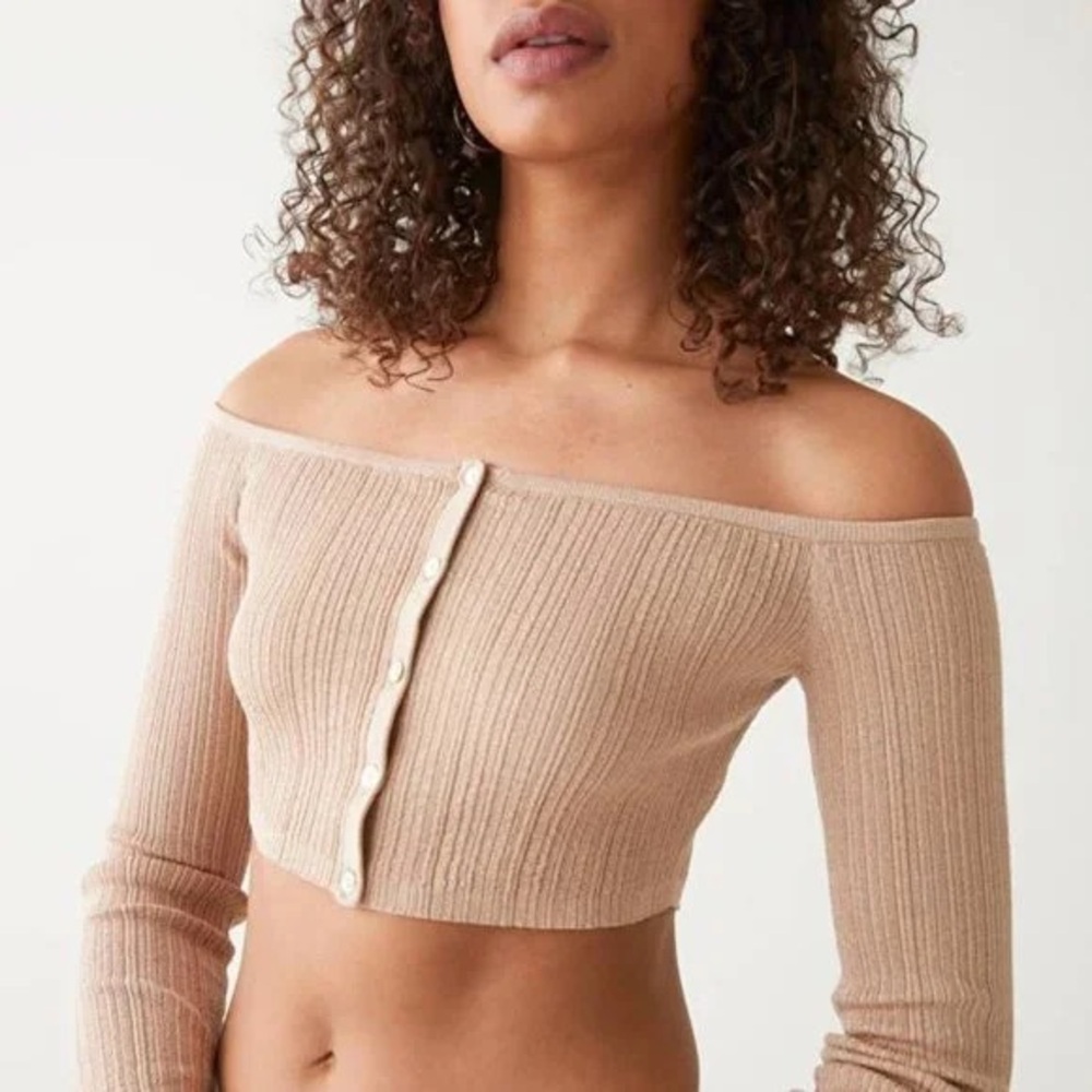 AND OTHER STORIES GOLD METALLIC OFF SHOULDER CROPPED KNIT CARDIGAN NWT